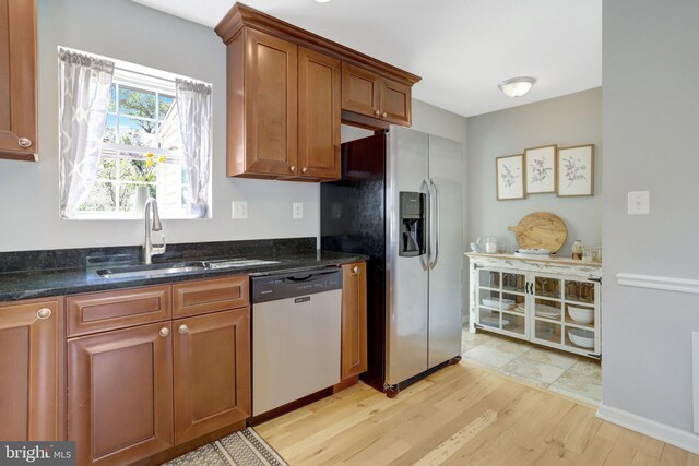 6825 Kincaid Ave, Falls Church, VA 22042 - kitchen featuring a sink, appliances with stainless steel finishes, light wood-style floors, and brown cabinetry