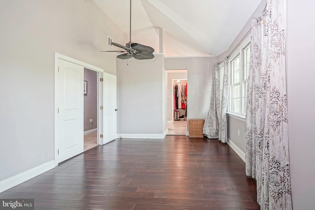11 Lippincott Ave, Voorhees, NJ 08043 - interior space featuring ceiling fan, visible vents, baseboards, high vaulted ceiling, and dark wood-style floors
