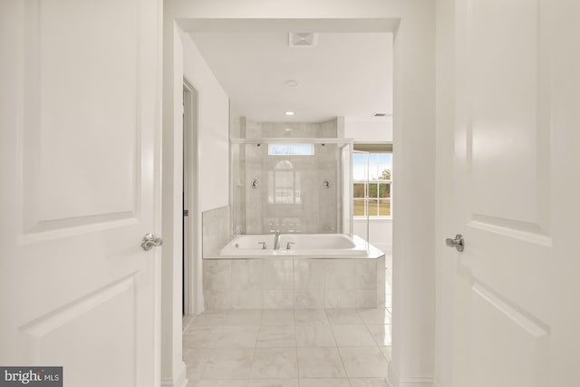 11108 King Gallahan Ct, Clinton, MD 20735 - full bathroom featuring visible vents, tiled shower, tiled tub, and marble finish floor