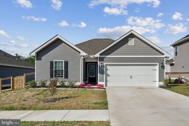 17026 Rollins Rd, Bowling Green, VA 22427 - ranch-style house with concrete driveway, a front lawn, a garage, and fence