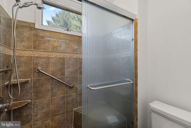 bathroom featuring toilet and a stall shower