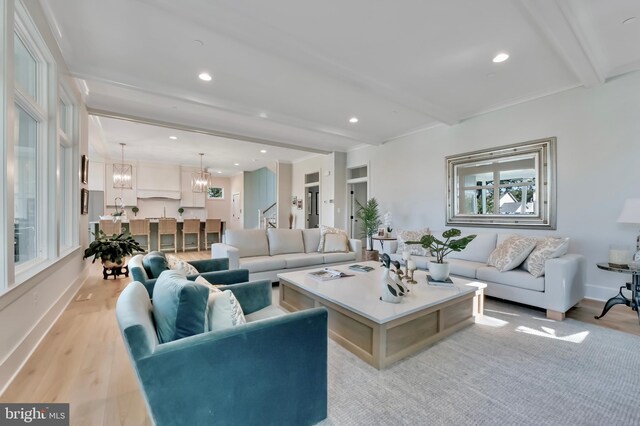 1634 Orchard Beach Rd, Annapolis, MD 21409 - living room featuring beamed ceiling, recessed lighting, a chandelier, and light wood-style floors