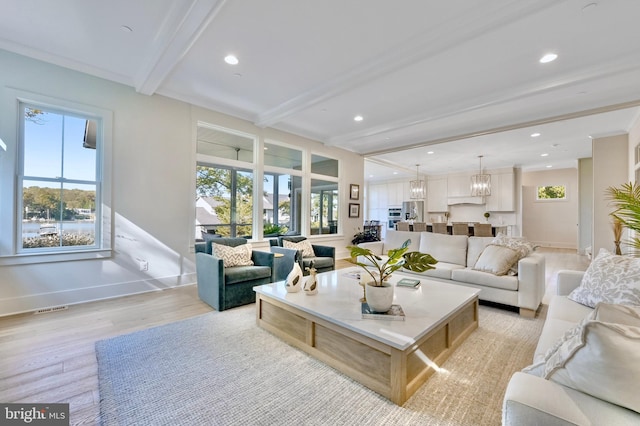 1634 Orchard Beach Rd, Annapolis, MD 21409 - living area with beamed ceiling, recessed lighting, a notable chandelier, light wood-style flooring, and baseboards