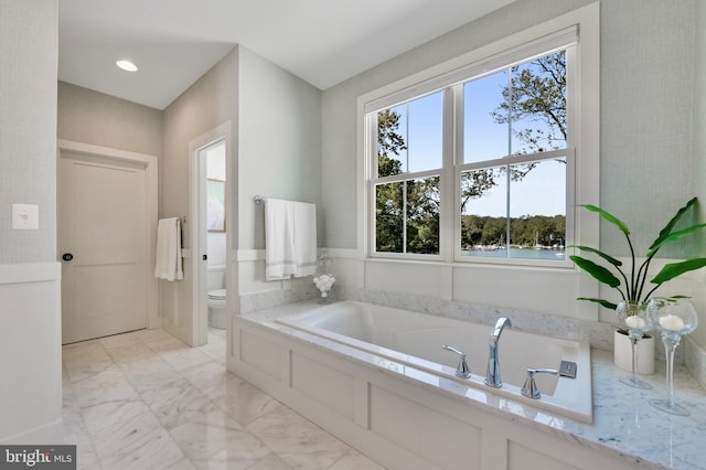 1634 Orchard Beach Rd, Annapolis, MD 21409 - bathroom featuring toilet, a bath, marble finish floor, and recessed lighting