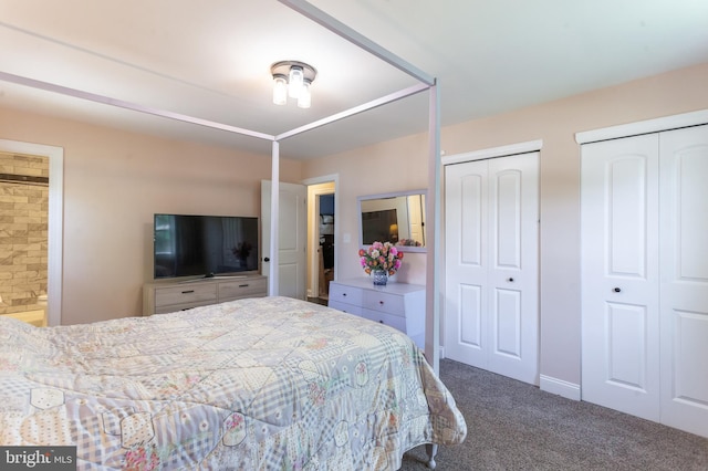 carpeted bedroom with baseboards, ensuite bathroom, and two closets