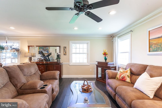living area with ceiling fan, recessed lighting, baseboards, dark wood-type flooring, and ornamental molding