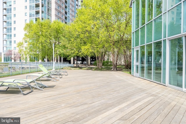 view of home's community with fence and a wooden deck
