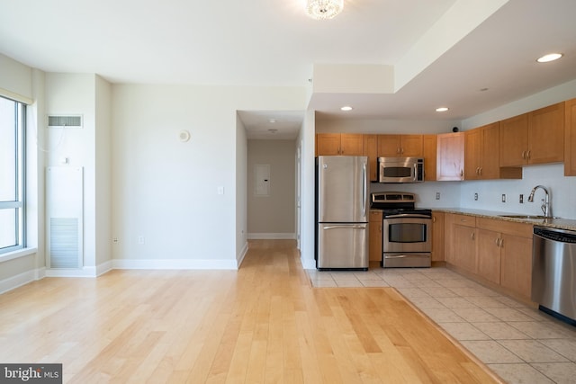 kitchen with a sink, visible vents, appliances with stainless steel finishes, and a healthy amount of sunlight