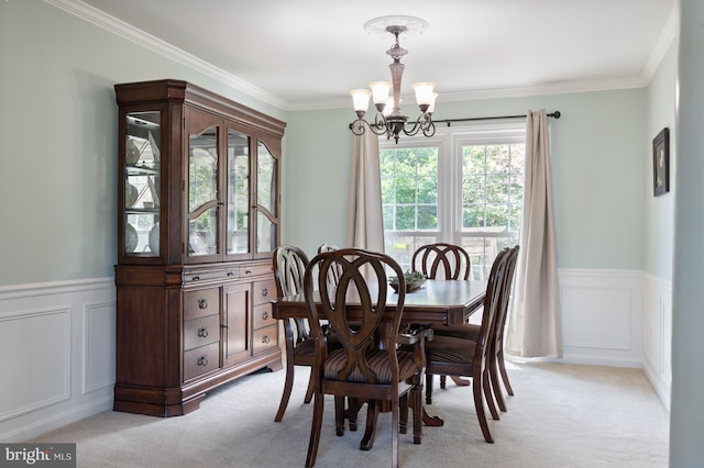 5433 Lomax Way, Woodbridge, VA 22193 - dining room featuring a chandelier, light colored carpet, ornamental molding, a wainscoted wall, and a decorative wall
