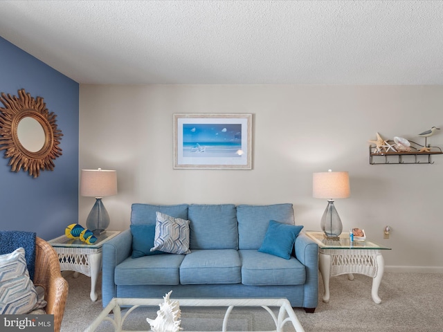 carpeted living area with baseboards and a textured ceiling