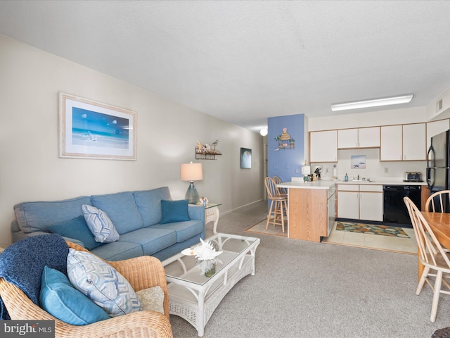 living room featuring light carpet
