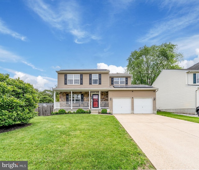 7815 Outing Ave, Pasadena, MD 21122 - traditional-style house with a porch, concrete driveway, stone siding, and an attached garage