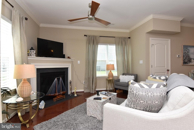 living area featuring crown molding, ceiling fan, baseboards, a fireplace with flush hearth, and wood finished floors
