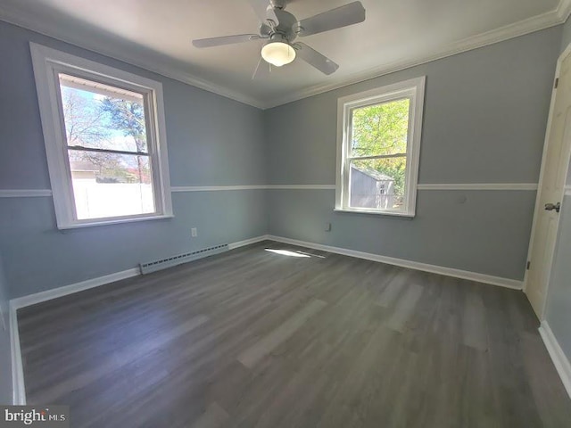 22 Maricopa Trl, Browns Mills, NJ 08015 - unfurnished room with baseboards, a baseboard radiator, dark wood-style floors, and ornamental molding