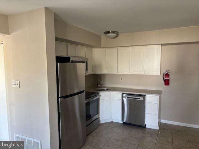 kitchen with visible vents, a sink, white cabinets, and stainless steel appliances