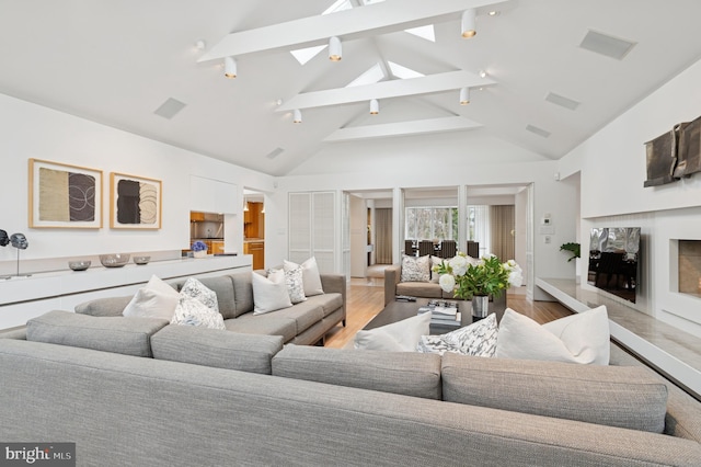 living room featuring track lighting, vaulted ceiling with skylight, and light wood-type flooring