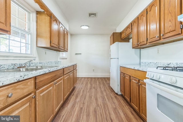 9410 Spotsylvania St, Manassas, VA 20110 - kitchen featuring brown cabinetry, visible vents, a sink, light wood finished floors, and white appliances