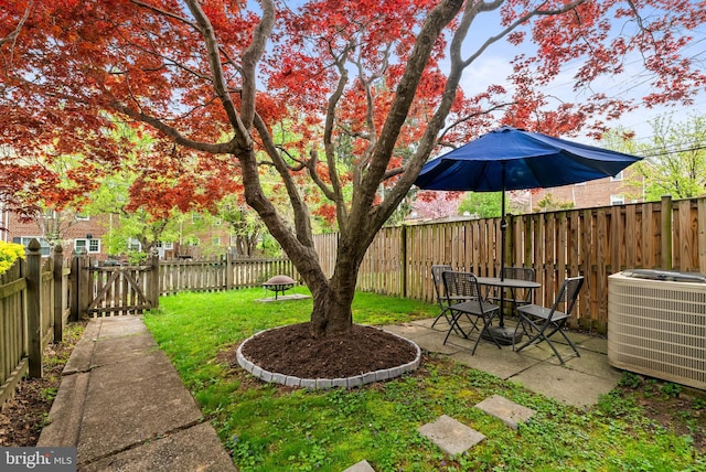 view of yard with outdoor dining area, a fenced backyard, a patio area, and central air condition unit