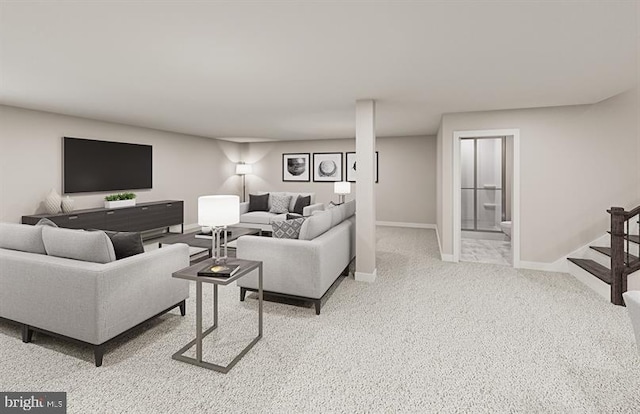 living room featuring light carpet, baseboards, and stairway