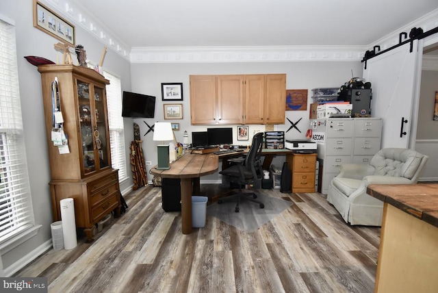 office featuring a wealth of natural light, light wood-style flooring, and a barn door