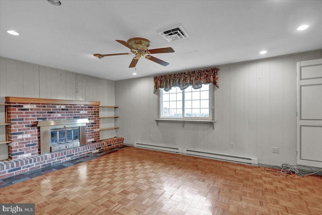 unfurnished living room with a baseboard heating unit, recessed lighting, a fireplace, ceiling fan, and visible vents