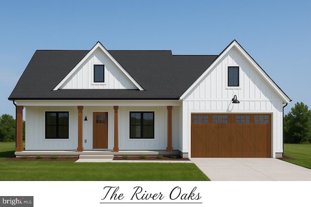 view of front of house with a front yard, a garage, covered porch, board and batten siding, and concrete driveway