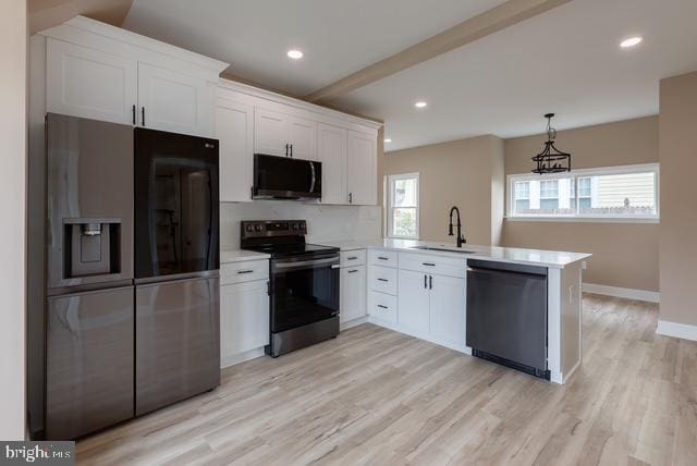 kitchen with white cabinets, appliances with stainless steel finishes, a sink, light countertops, and a peninsula