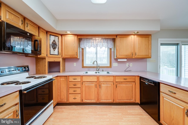 kitchen featuring light countertops, a sink, black appliances, and a healthy amount of sunlight