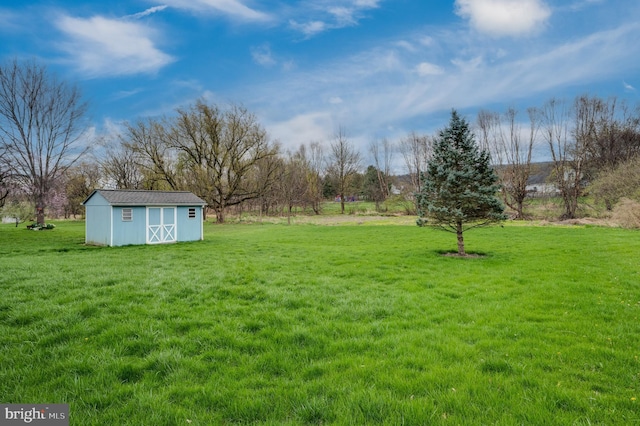 view of yard with a storage shed and an outdoor structure