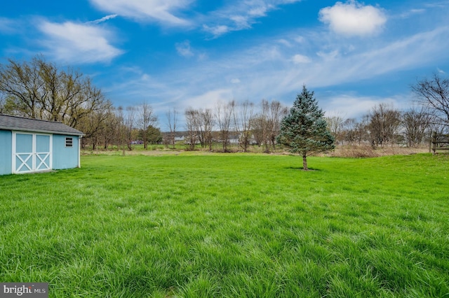view of yard with an outbuilding and a shed