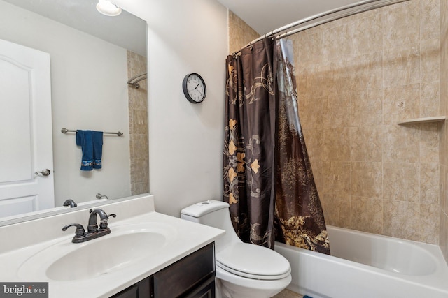 full bathroom with toilet, shower / bathtub combination with curtain, and vanity