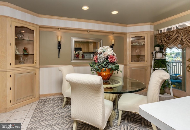 dining room with recessed lighting, ornamental molding, and light tile patterned flooring