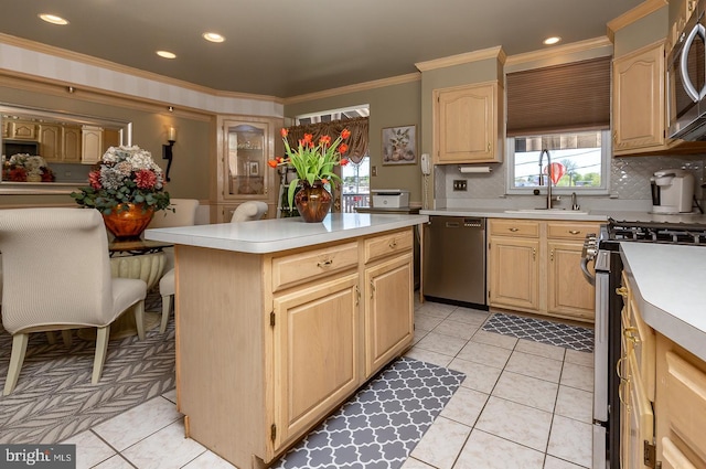 kitchen with light countertops, appliances with stainless steel finishes, a sink, and light brown cabinets
