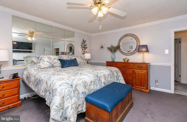 bedroom with baseboards, ornamental molding, and carpet