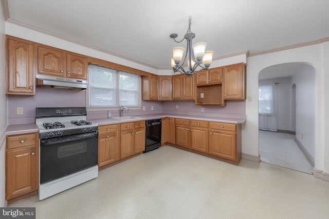 161 E Ave, Woodstown, NJ 08098 - kitchen with gas range, black dishwasher, under cabinet range hood, a sink, and a chandelier