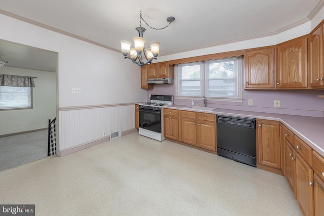 161 E Ave, Woodstown, NJ 08098 - kitchen featuring gas range gas stove, dishwasher, a sink, under cabinet range hood, and a chandelier