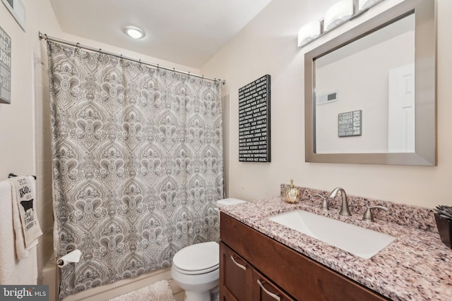 bathroom featuring vanity, shower / tub combo with curtain, toilet, and visible vents