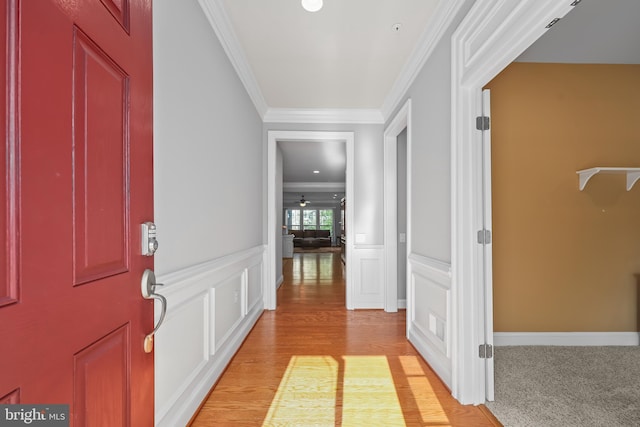 hallway featuring light wood-style floors, a decorative wall, ornamental molding, and wainscoting