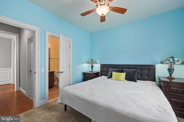 bedroom with baseboards, ceiling fan, and carpet