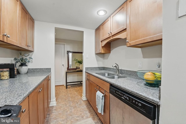 kitchen with stove, dishwasher, a sink, light tile patterned floors, and light stone counters