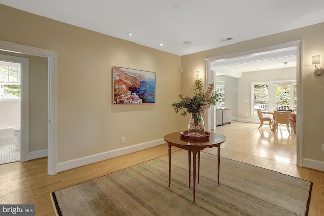 hallway featuring light wood-style floors, baseboards, and a wealth of natural light