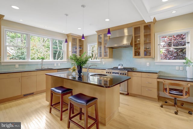 kitchen with wall chimney range hood, light wood-style floors, stainless steel appliances, and a sink