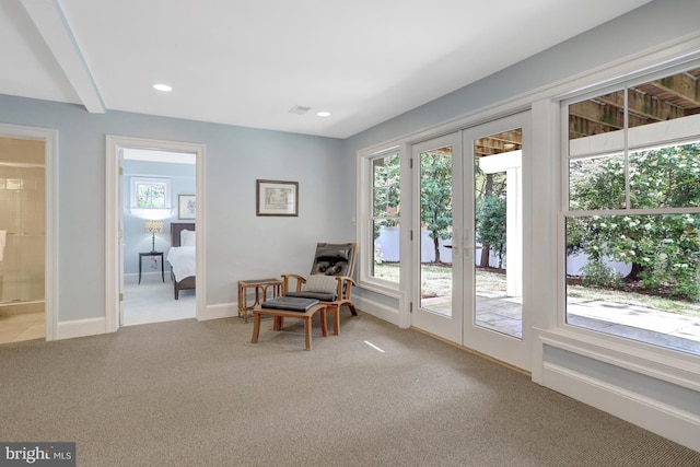 sitting room featuring recessed lighting, baseboards, and carpet