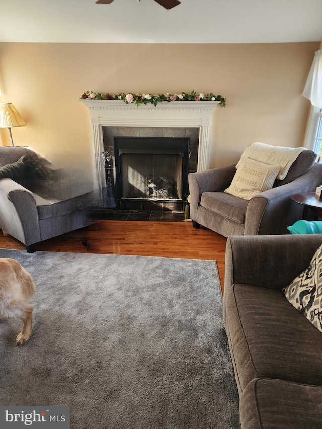living room featuring a fireplace with flush hearth, ceiling fan, and wood finished floors