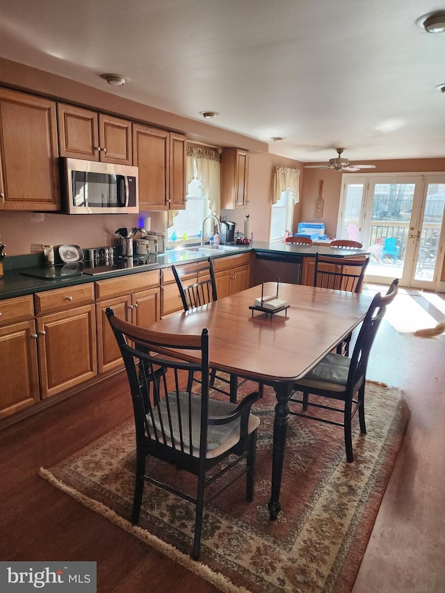 dining room featuring a healthy amount of sunlight, a ceiling fan, and dark wood-style flooring