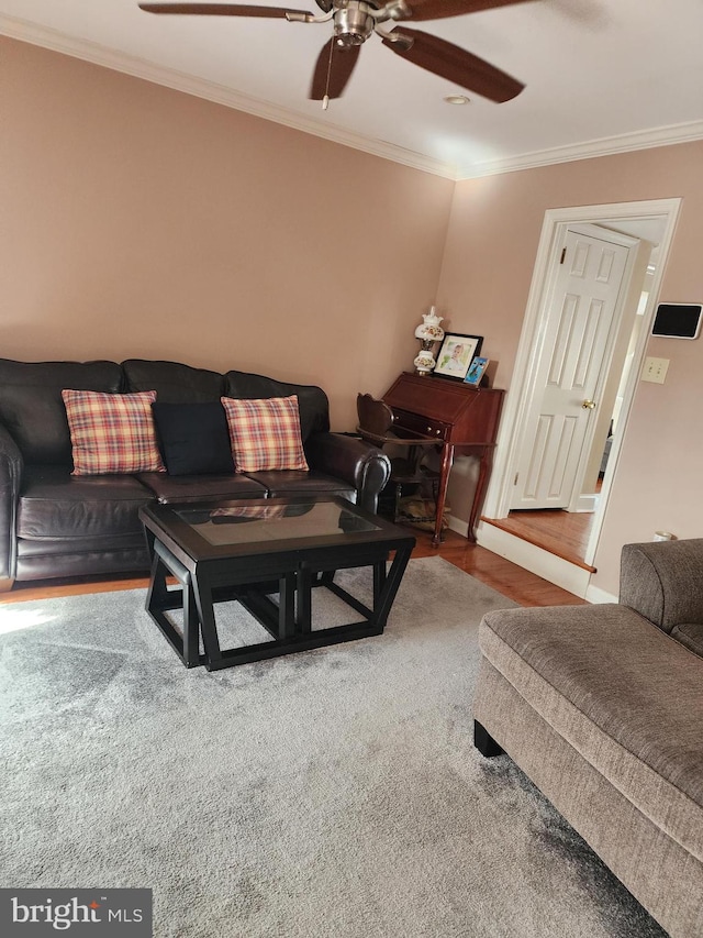 living area with a ceiling fan, ornamental molding, and wood finished floors