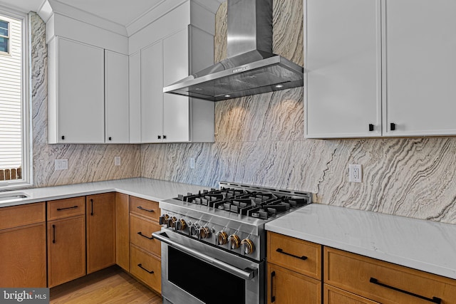 300 Ewing St, Princeton, NJ 08540 - kitchen with wall chimney exhaust hood, high end stove, light countertops, and backsplash