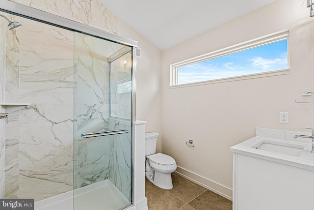 300 Ewing St, Princeton, NJ 08540 - full bathroom with a marble finish shower, toilet, vaulted ceiling, baseboards, and vanity