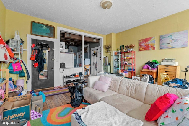 living room with hardwood / wood-style flooring and a textured ceiling