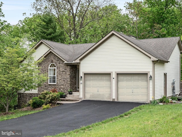 ranch-style home featuring a garage, driveway, a shingled roof, and stone siding